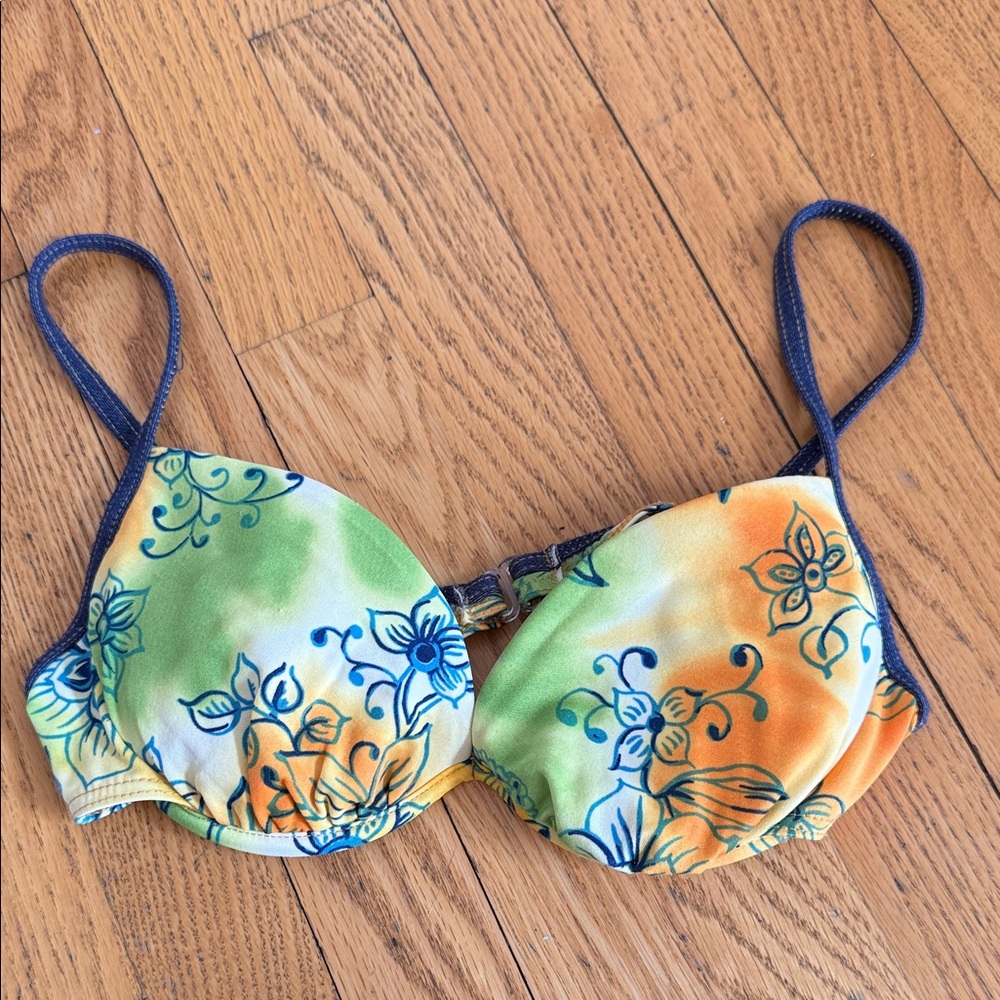 Floral Print Women's Bikini Top - Green & Orange